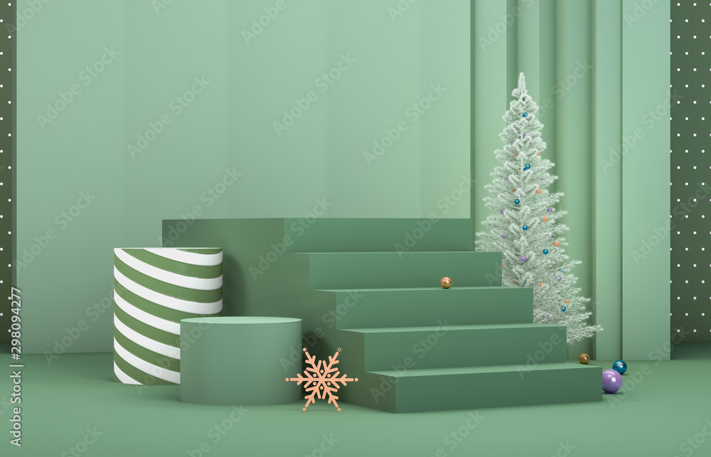 Poster abstract 3d composition. winter christmas background with christmas tree and stage for product displ