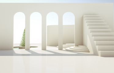 Scene with geometrical forms, arch with a podium in natural day light. minimal landscape with Christmas tree background. 3D render background.