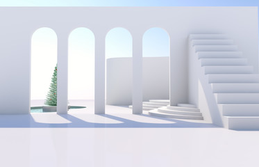 Scene with geometrical forms, arch with a podium in natural day light. minimal landscape with Christmas tree background. 3D render background.