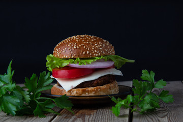 hamburger on black background