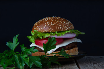 hamburger on black background