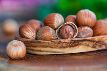 Close up of hazelnuts on wooden table