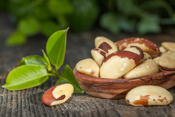 Bertholletia.Brazil nuts on wooden texture