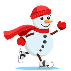 Snowman in a hat and scarf skating on a white background. Christmas