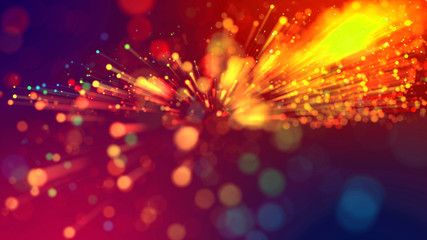 Fototapeta na wymiar Abstract explosion of multicolored shiny particles or light rays like laser show. 3d render abstract beautiful background with light rays colorful glowing particles, depth of field, bokeh.