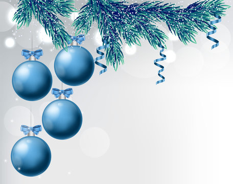 Blue baubles with ribbon and christmas ornaments drawings. Pine tree colorful leaves covered in snow. White bokeh background. Christmas vector