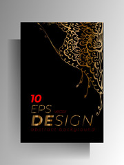 Design template cover, brochure, poster, card, background. A4 format. Gold texture elements are drawn by hand on a black background. Vector 10 EPS.