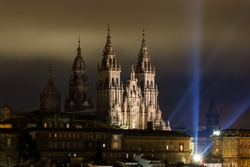 Apostle Santiago festival in Santiago de Compostela. July 24th is a city celebration with teatrical lights and fireworks in Obradoiro square in front of santiago de Compostela Cathedral