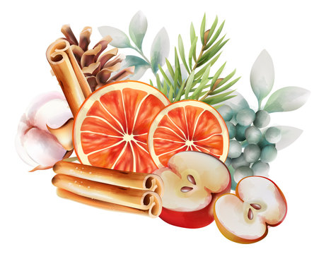 Watercolor christmas ornaments with orange slices, cinnamon sticks, half apples, green leaves, pine tree leaves and cotton. Vector