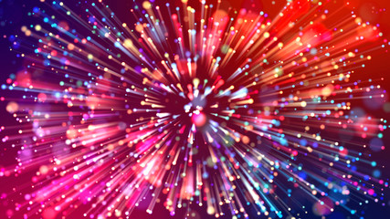 Obraz premium Abstract explosion of multicolored shiny particles or light rays like laser show. 3d render abstract beautiful background with light rays colorful glowing particles, depth of field, bokeh.