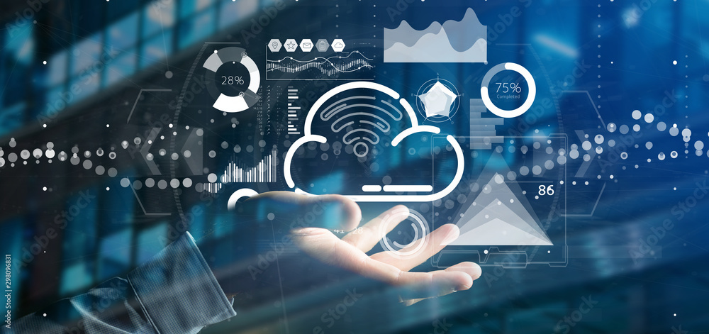 Poster businessman holding cloud and wifi concept with icon, stats and data 3d rendering