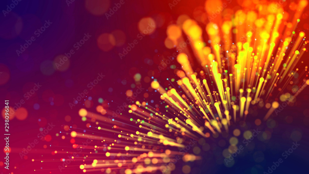Poster abstract explosion of multicolored shiny particles or light rays like laser show. 3d render abstract