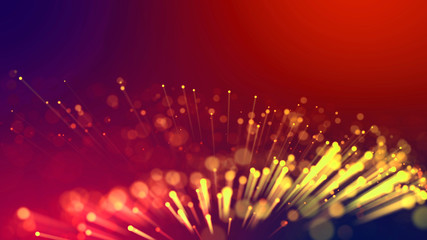 Abstract explosion of multicolored shiny particles or light rays like laser show. 3d render abstract beautiful background with light rays colorful glowing particles, depth of field, bokeh.