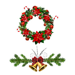 Fototapeta na wymiar Christmas decorations with fir tree golden jingle bells
