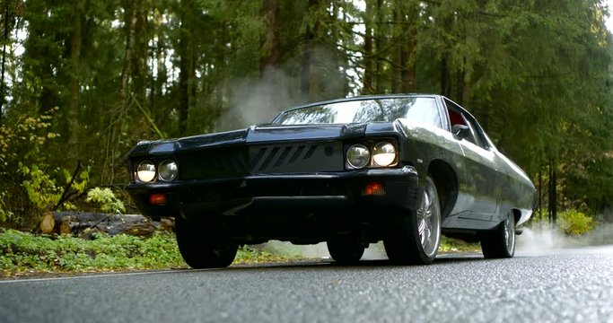 black luxury classic auto is moving on road in forest in autumn day, tilt up view