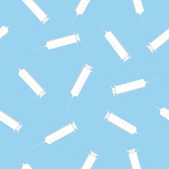 Syringe icon isolated seamless pattern on blue background. Syringe for vaccine, vaccination, injection, flu shot. Medical equipment.