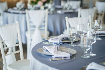 Luxury wedding table decoration. Special event table set up. Fresh flower decoration. Pastel colors - blue and pink decoration