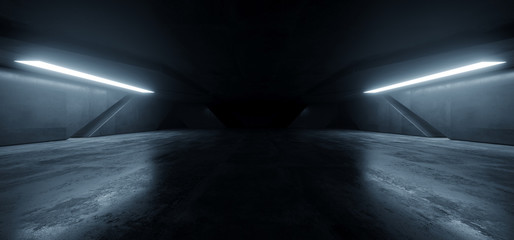 Sci Fi Futuristic Background Concrete Grunge Column Pillars Dark Underground Hall Corridor Tunnel Led Lights Laser White Blue Reflection Alien 3D Rendering