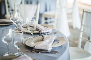 Luxury wedding table decoration. Special event table set up. Fresh flower decoration. Pastel colors - blue and pink decoration