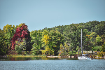 Speedboat in lake Ontario in autumn. Colourful vivid trees. Canada Usa.