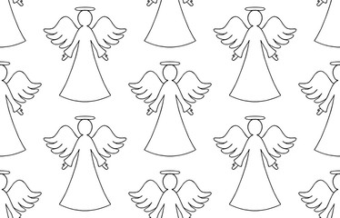 Vector seamless pattern of black contour of angels on white background