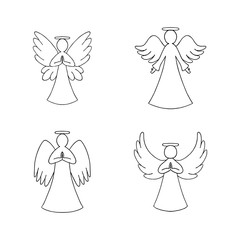Vector set of four angels outline on white background. Religion decorative elements for New year, Christmas card