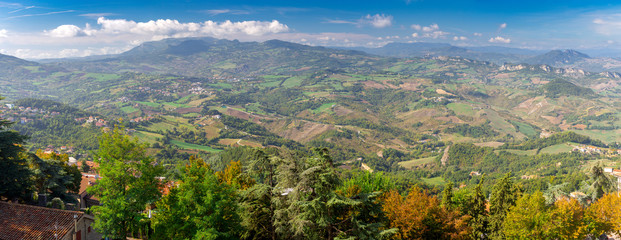 San Marino. Panoramic aerial view of the valley in the morning.