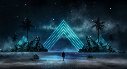 Futuristic night landscape with abstract landscape and island, moonlight, shine. Dark natural scene with reflection of light in the water, neon blue light. Dark neon circle background. Pyramids 