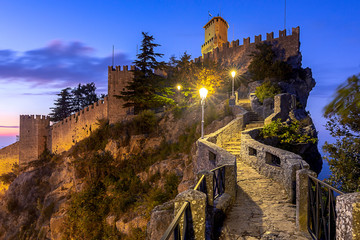San Marino. Old stone towers on top of the mountain.
