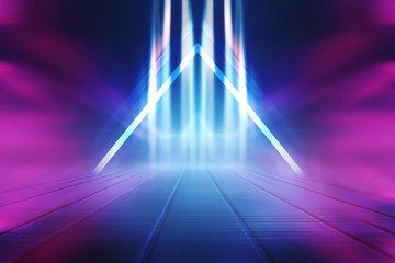 Empty background scene. Dark street reflection on wet asphalt. Rays of neon light in the dark, neon...