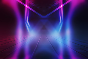 Empty background scene. Dark street reflection on wet asphalt. Rays of neon light in the dark, neon shapes, smoke. Background of an empty stage show. Abstract dark background.