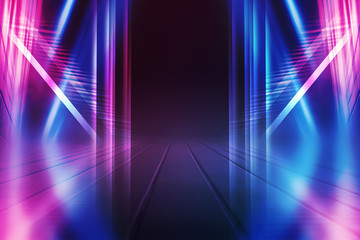 Empty background scene. Dark street reflection on wet asphalt. Rays of neon light in the dark, neon shapes, smoke. Background of an empty stage show. Abstract dark background.