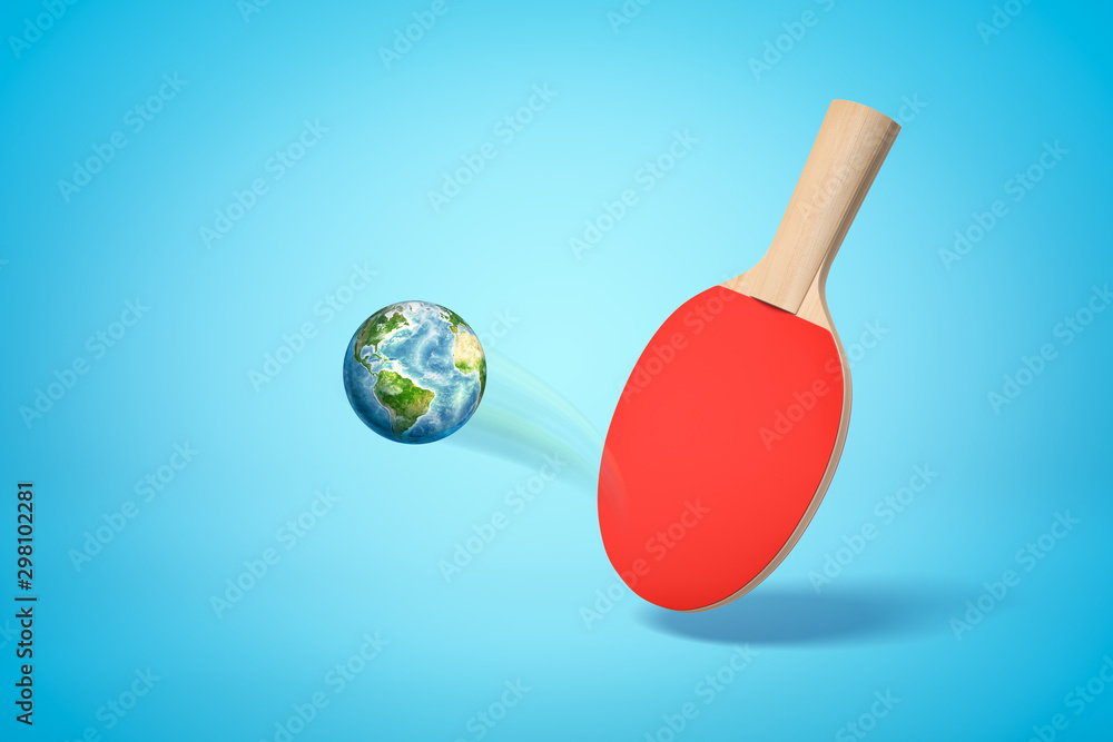 Poster 3d rendering of ping pong racket and earth globe as ping pong ball on blue background