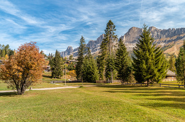 Fototapeta na wymiar Landscape of Carezza or Karersee village in South Tyrol with Dolomites in background, Italy