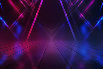 Empty background scene. Dark street reflection on wet asphalt. Rays of neon light in the dark, neon shapes, smoke. Background of an empty stage show. Abstract dark background.