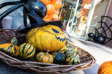 Halloween pumpkins in a wicker basket