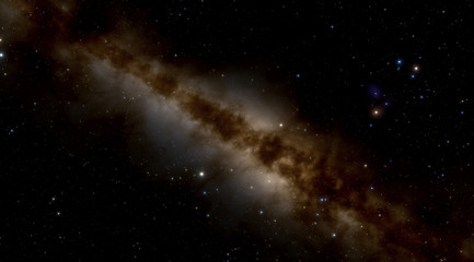 Billions of stars in the Milky Way galaxy. Bright center of the galaxy. Beautiful clusters of stars.