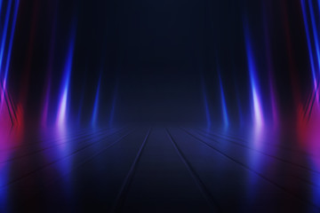 Empty background scene. Dark street reflection on wet asphalt. Rays of neon light in the dark, neon shapes, smoke. Background of an empty stage show. Abstract dark background.