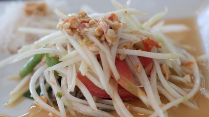 healthy vegan lunch bowl.Vitamins and Minerals foods . lost the weight program . Thai best dish Menu .Papata salad with corn and tomato .cooking idea