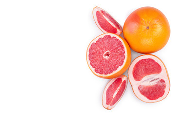 Grapefruit and slices isolated on white background with copy space for your text. Top view. Flat lay pattern