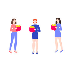Obraz premium Women with presents. Girl hold a gift. Holiday set. Vector illustration.