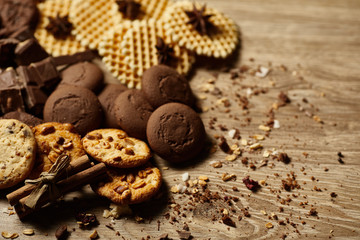 Close up of Various oat cookies, chocolate chip