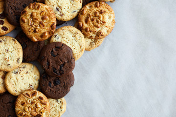 Chocolate chip cookies on white pastel background