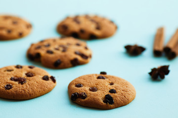 Homemade chocolate chips cookies on blue background