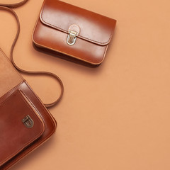 Two Brown leather women bag on brown beige background top view flat lay copy space. Fashionable...