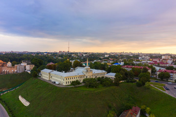 New Castle on high river bank of Neman in Grodno in sunset light, Aerial view from a drone., Belarus