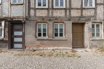 Ancient Traditional Buildings, Old Wood House and Windows in a Sunny Day, Quedlinburg, Germany