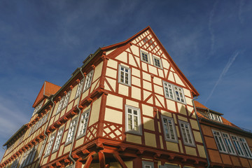 Ancient Traditional Buildings, Old Wood House and Windows in a Sunny Day, Quedlinburg, Germany