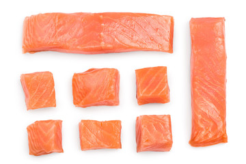 Slice of red fish salmon isolated on white background. Top view. Flat lay