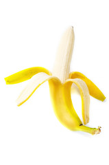 Yellow open skin bannana on white background